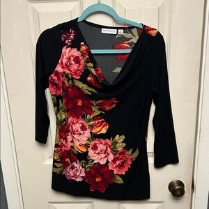Susan Graver Black Blouse with Red and Pink Floral Design